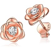 ChicSilver Rose Gold Plated Rose Flower Earring Studs, Sterling Silver Dainty Small CZ Stud Earrings for Women Hypoallergenic