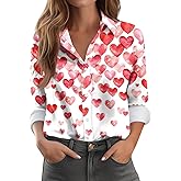 Valentines Tops for Women Button Down Shirts Heart Blouses Dressy Casual Lapel Collar Long Sleeve Soft Comfy T Shirt