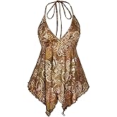 Verdusa Women's Plus Size Boho Vintage Paisley Halter Top Summer Backless Slit Flowy Peplum Tops