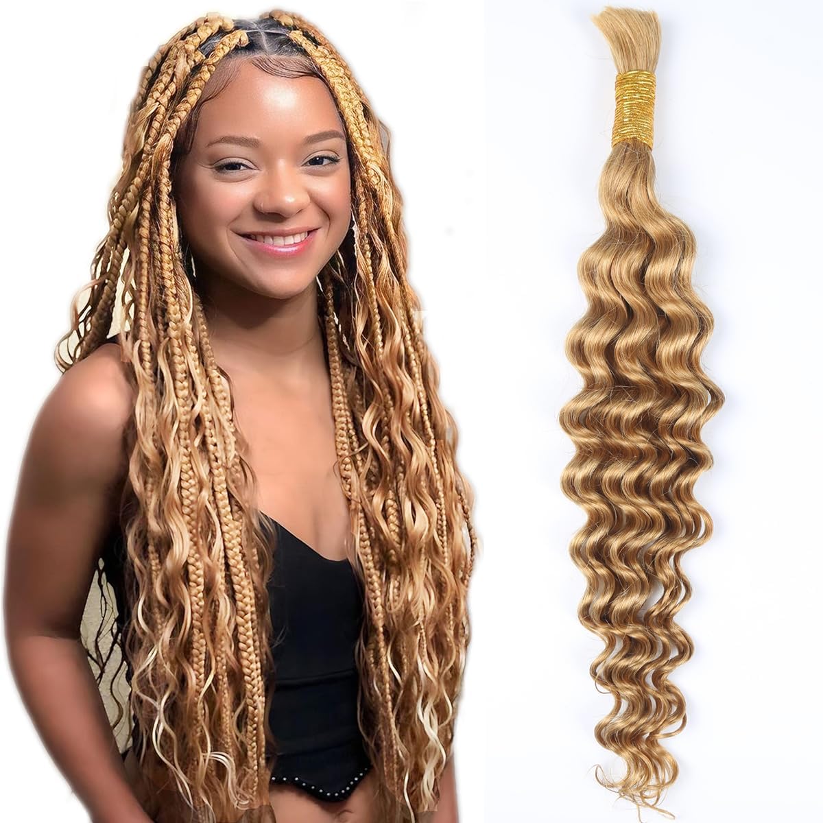 Ainimiu 18inch Human Braiding Hair 1 Bundle 50g Deep Wave Bulk Human Hair for Braiding Bulk Curly Human Hair for Boho Braids Human Hair Extensions 27