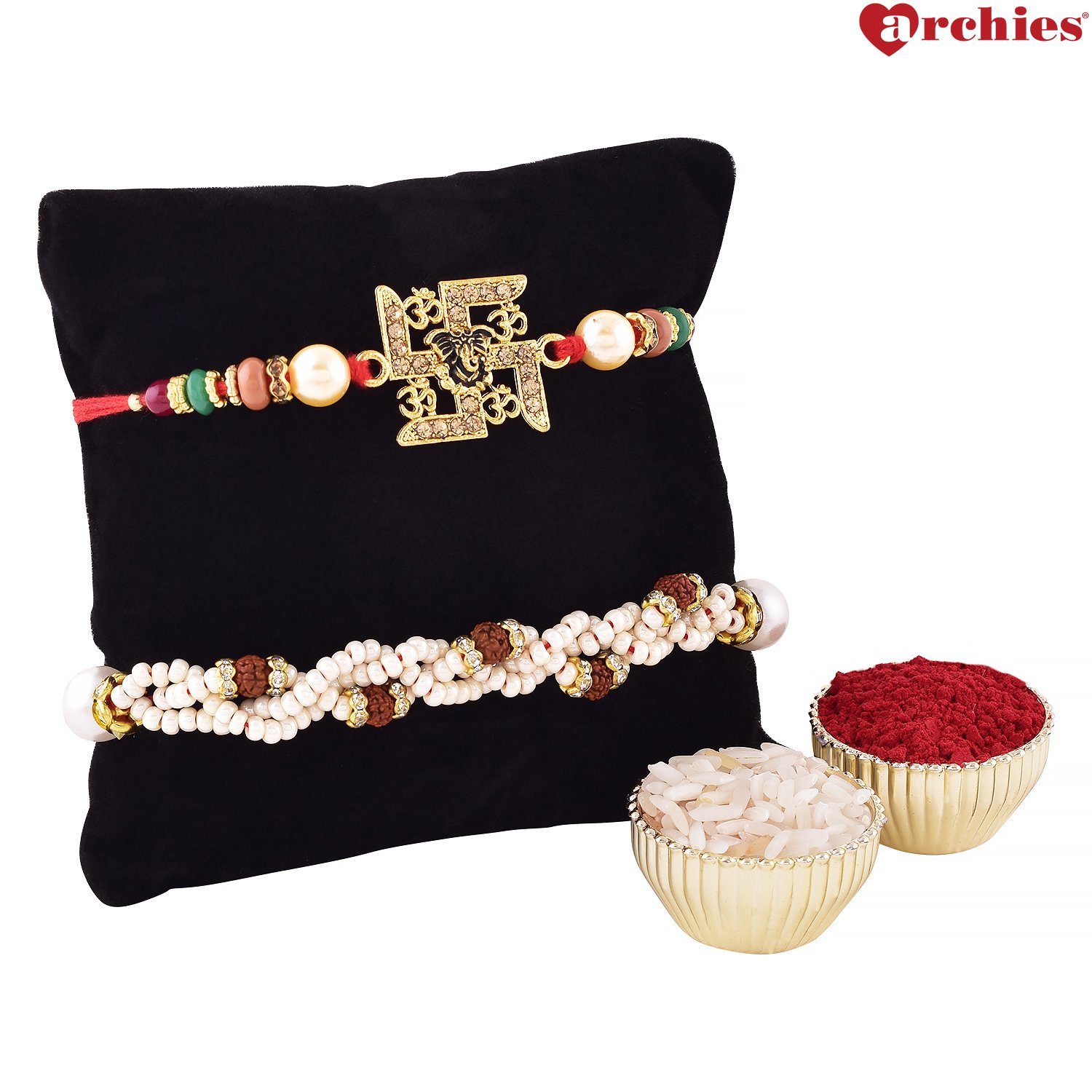 archies rakhi for brother, swastik & rudraksh rakhi with roli tika- set of 3