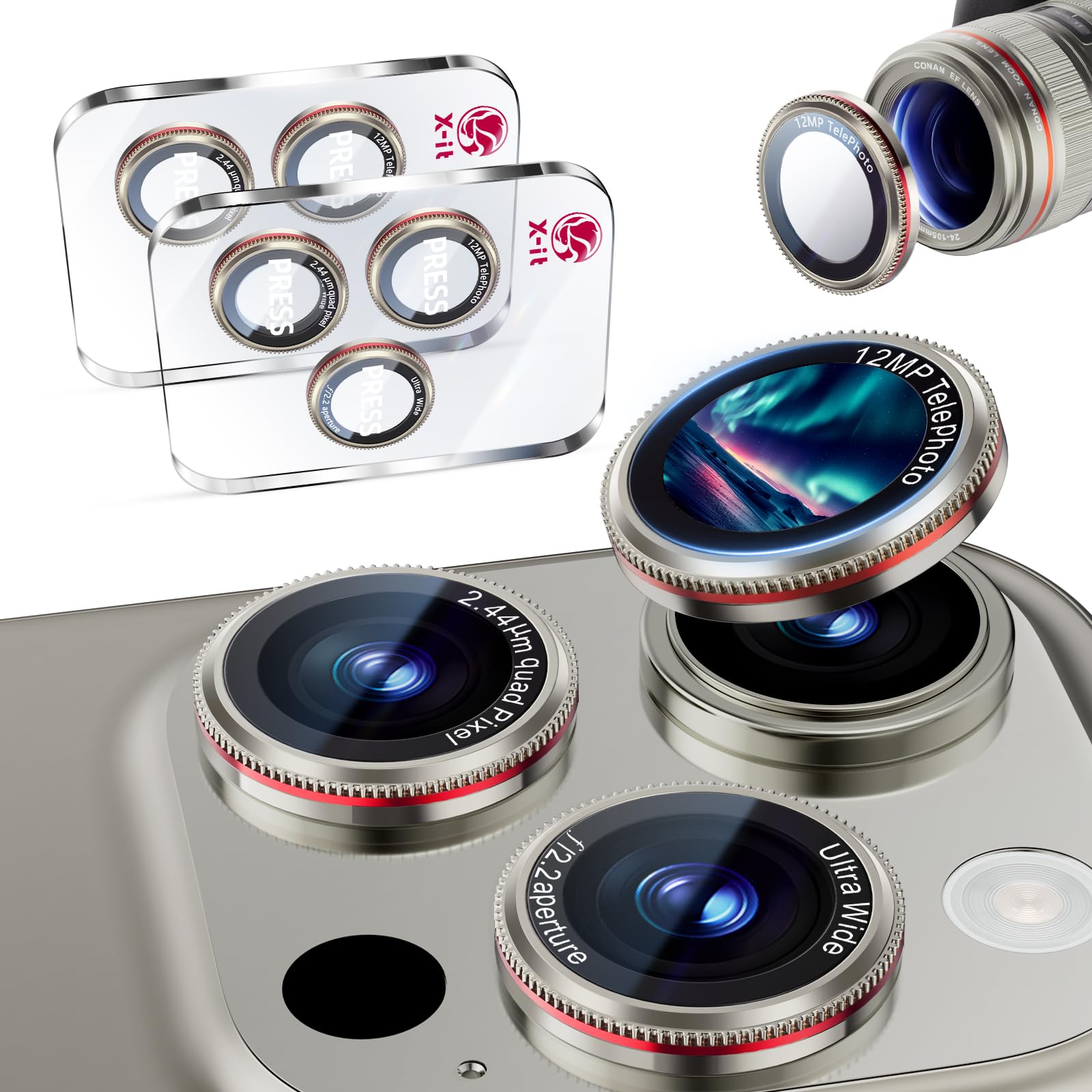Photo 1 of X-it 2 Pack Camera Lens Protector, Shatterproof Anti-Scratch Ultra HD Camera Protector, Anti-Glare Tempered Glass Lens Protector for iPhone 15 Pro Max/15Pro/14 Pro Max/14Pro, Case Friendly,TitaniumRed