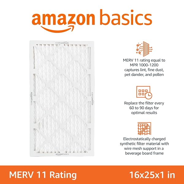 AMAZON BASICS 16X25X1 AIR FILTER 6-PACK, MERV 11 ELECTROSTATIC AC FURNACE FILTERS FOR ALLERGIES, CAPTURES DUST AND POLLEN (ACTUAL SIZE: 15.75″ X 24.75″ X 0.75″)