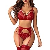 Avidlove Women Lingerie Set Lace Teddy Strap Babydoll Bodysuit with Garter Belts