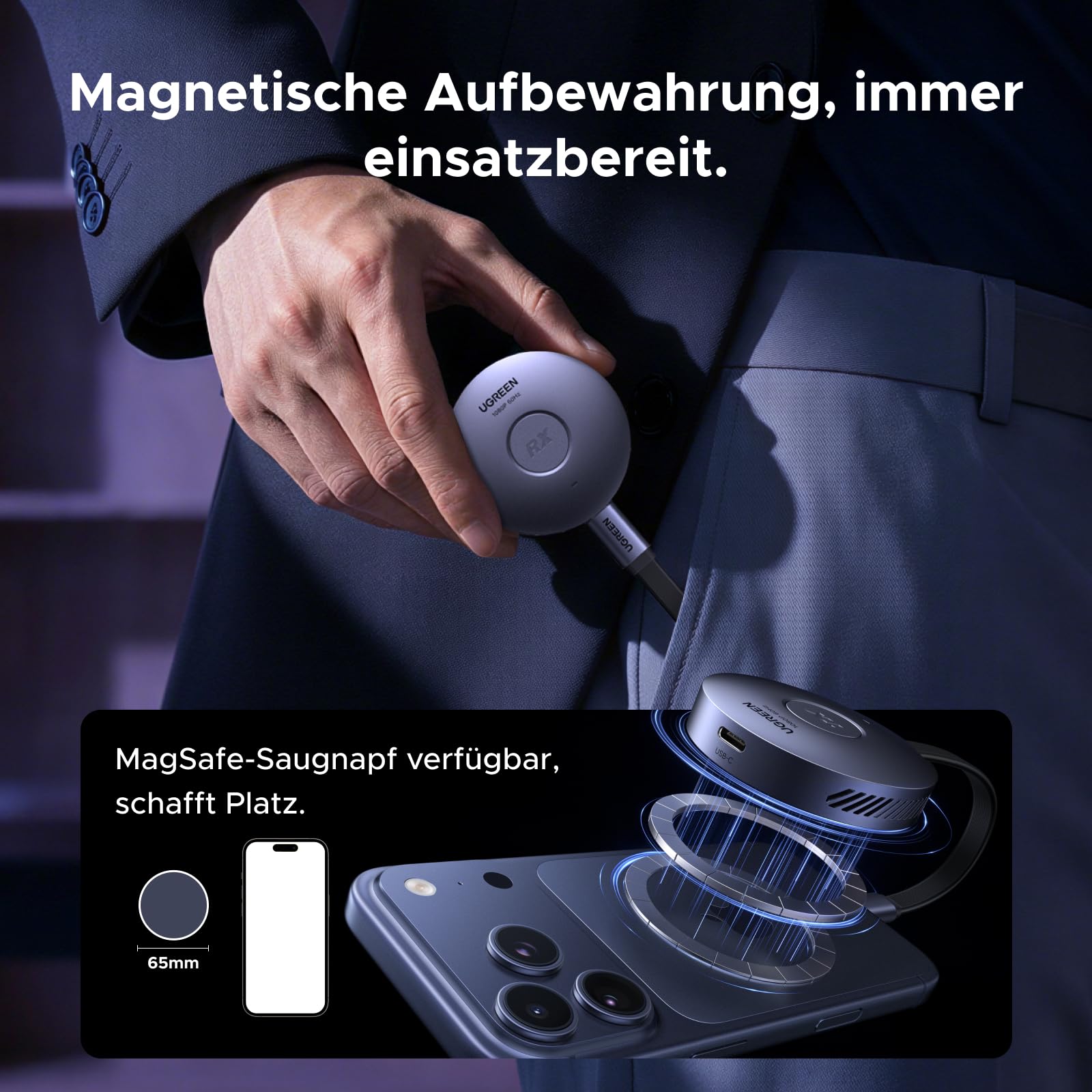 UGREEN kabelloser USB C Sender und HDMI Empfänger Magnetischer Sender Typ C auf HDMI 1080P@60Hz 5G Übertragung für Kompatibel mit Smartphone/PC/MacBook/Kamera/Laptop/Tablet/Fernseher/Monitor (50 m) 3
