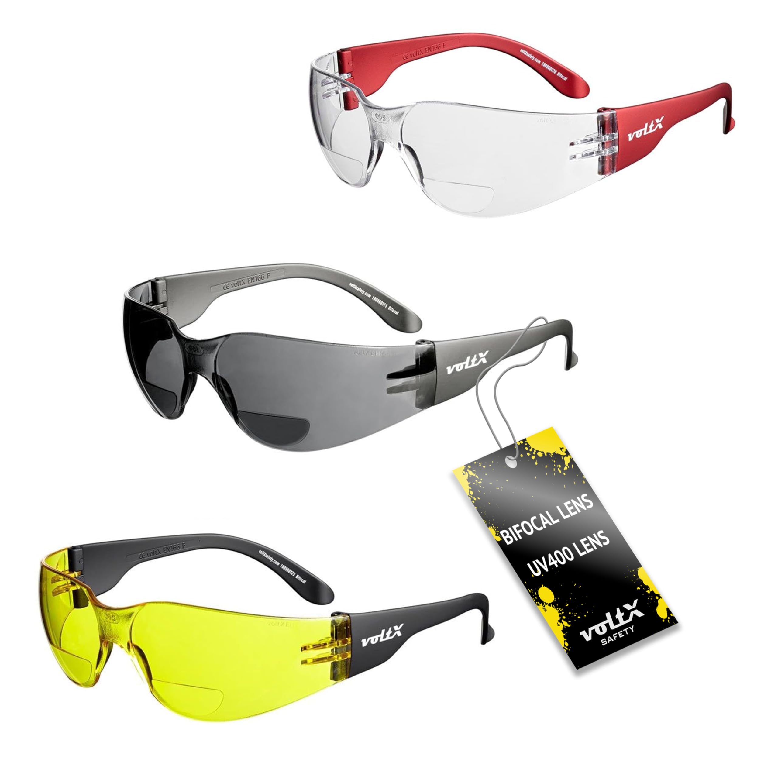 voltX 3 x GRAFTER’ Bifocal Lightweight Industrial Reading Safety Glasses, UKCA & CE EN166f Certified/Cycling Safety Glasses (1 x Clear 1 x Smoke 1 x Yellow Lens +2.5) + UV400 anti fog coated lens