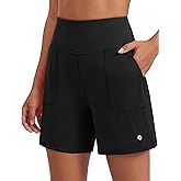 PINSPARK Women's Athletic Shorts 6" High Waisted Yoga Shorts with Pockets Soft Tummy Control Workout Running Shorts for Gym