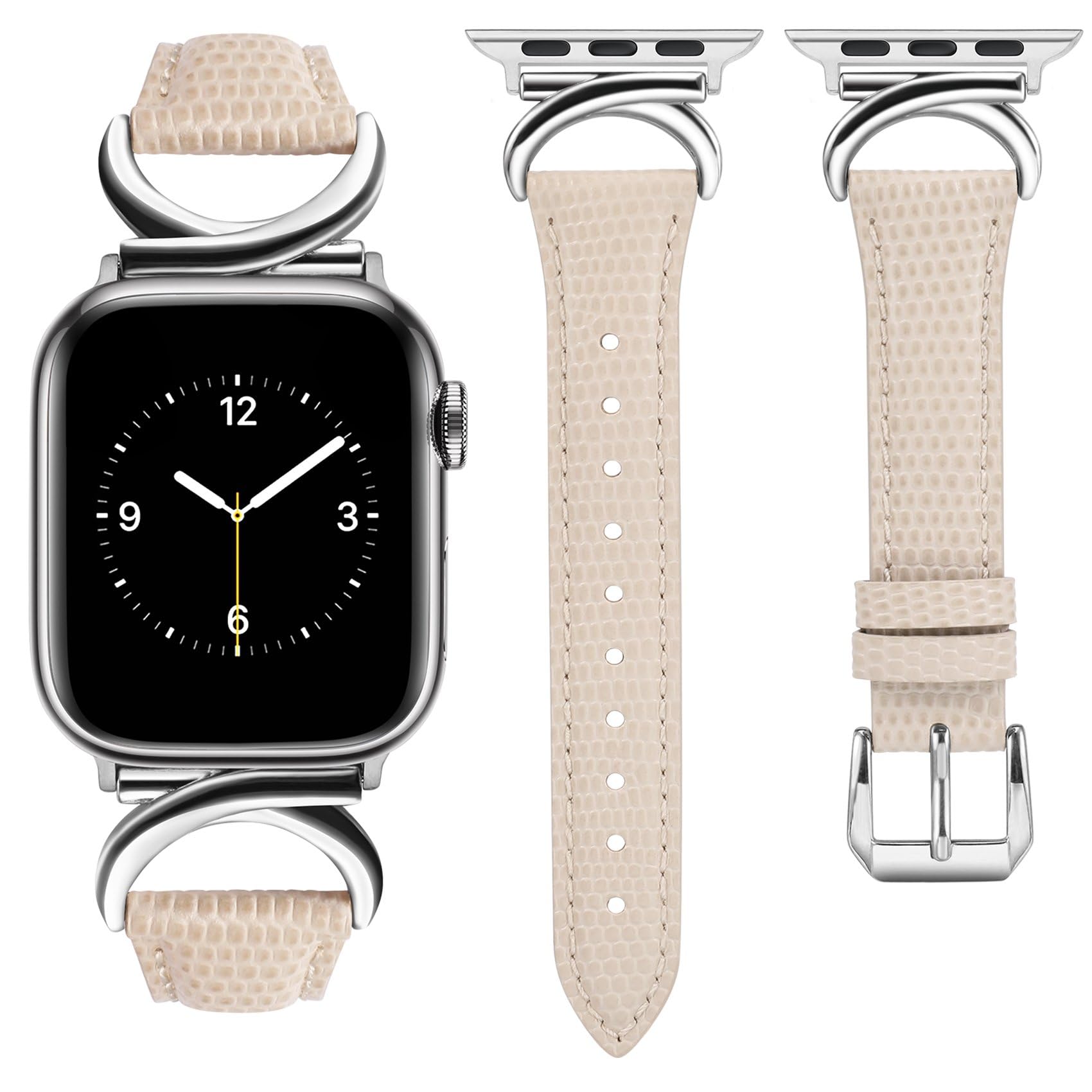 TOYOUTHS Leather Strap Compatible with Apple Watch Straps 41mm 40mm 42mm 38mm Women Slim Thin Dressy Strap with C-Shaped Metal Buckle for iWatch 11 10 9 8 7 6 5 4 SE 3 2 1, Lizard Starlight/Silver