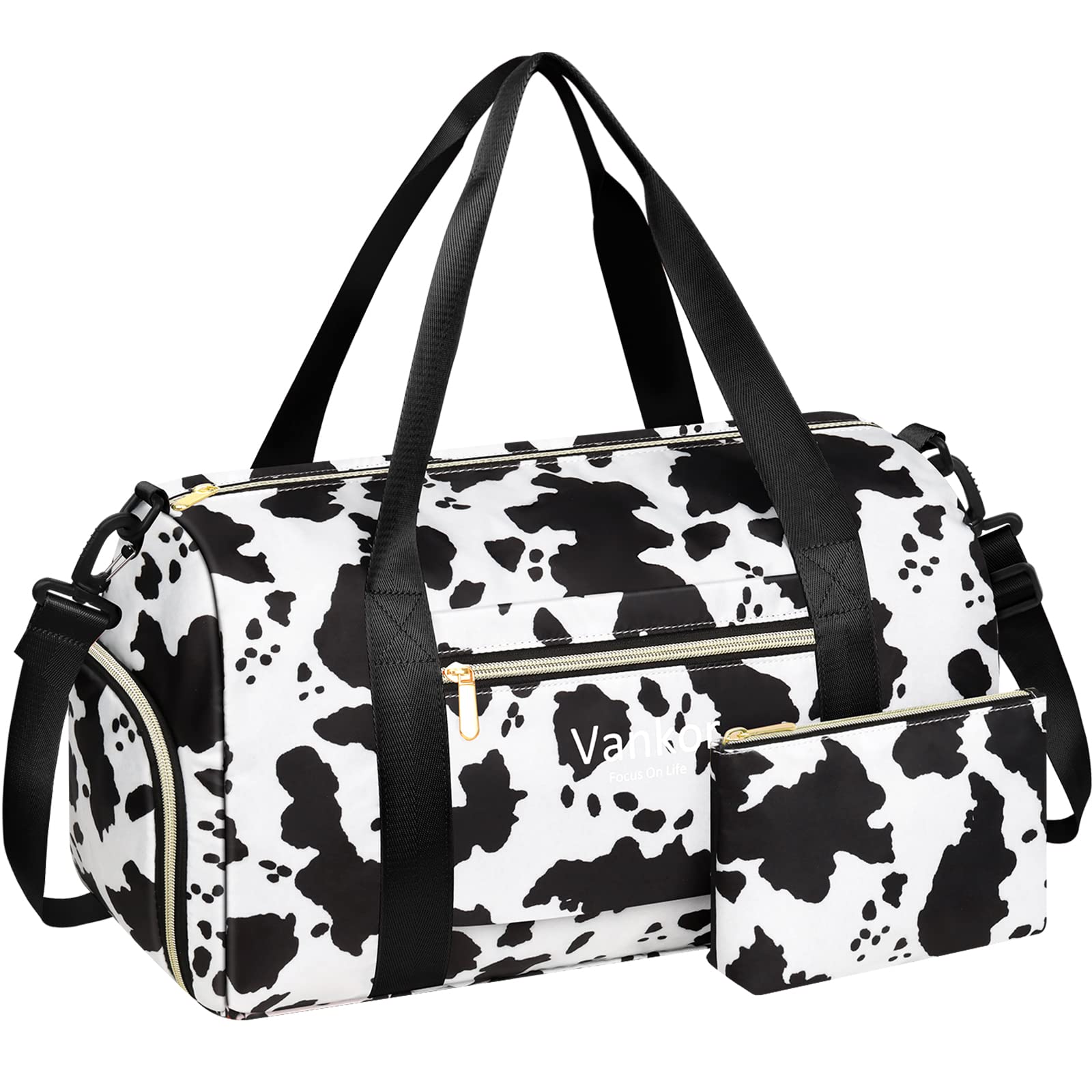 Vankor Gym Bag for Women with Shoe Compartment Waterproof, Sports Duffle Bag for Travel Duffel Weekender Carry on Beach Yoga Overnight Luggage Mommy Maternity Hospital Bag Cow Print 17.5 Inch