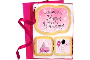 OMCOOKIE Happy Birthday Cookies 3 pack for Women Girls Teens Gift Basket For Her Mom | Pink Cookie Treats Cake Balloons | Individually Wrapped