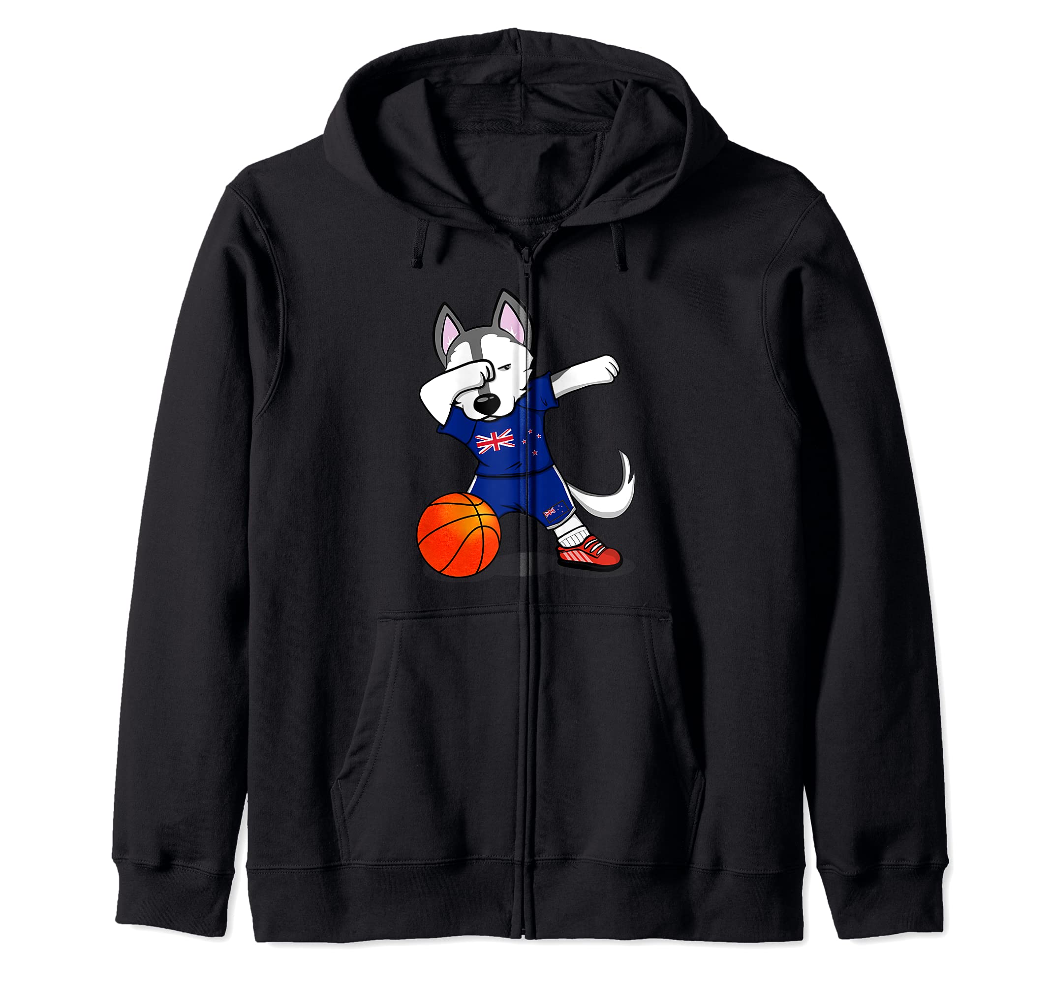 Dabbing Husky Dog New Zealand Basketball Fans Jersey Flag Zip Hoodie