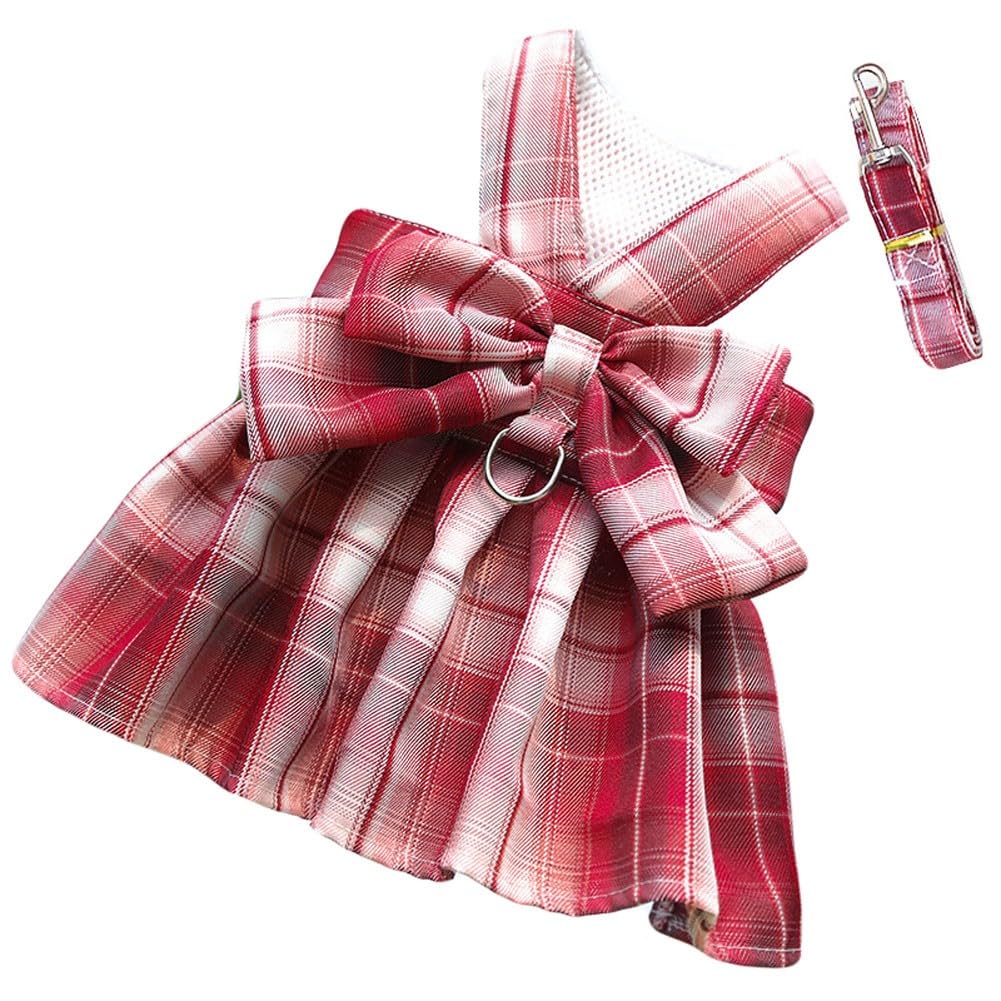 Oyccen Dog Plaid Harness and Leash Set Cat Bow Tie Princess Dress Harness Pet Clothes for Small Dogs Cats Puppy
