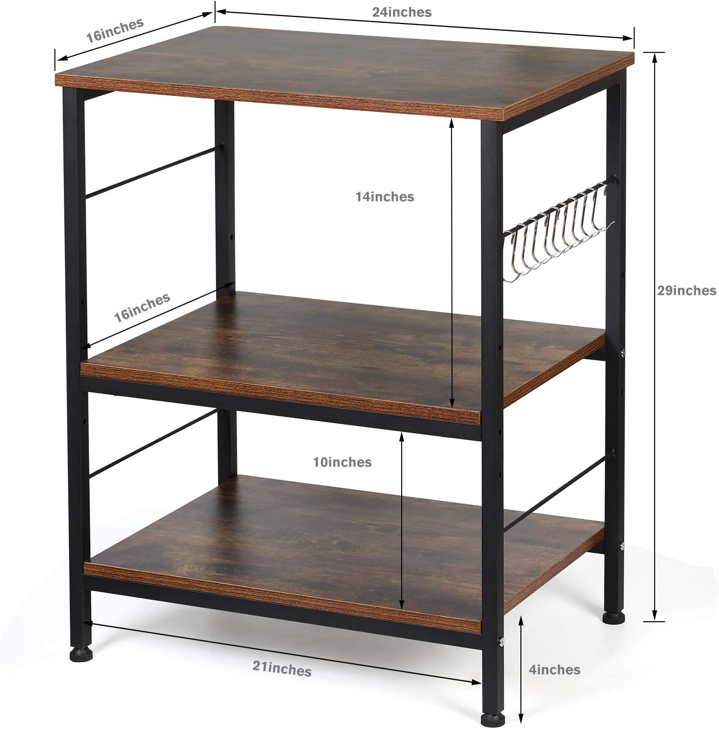 MOOACE Kitchen Baker's Rack, Industrial Microwave Rack, 3-Tier Utility Storage for Living Room, Wood Look Accent Furniture with Metal Frame, Vintage Brown - Standing Baker's Racks