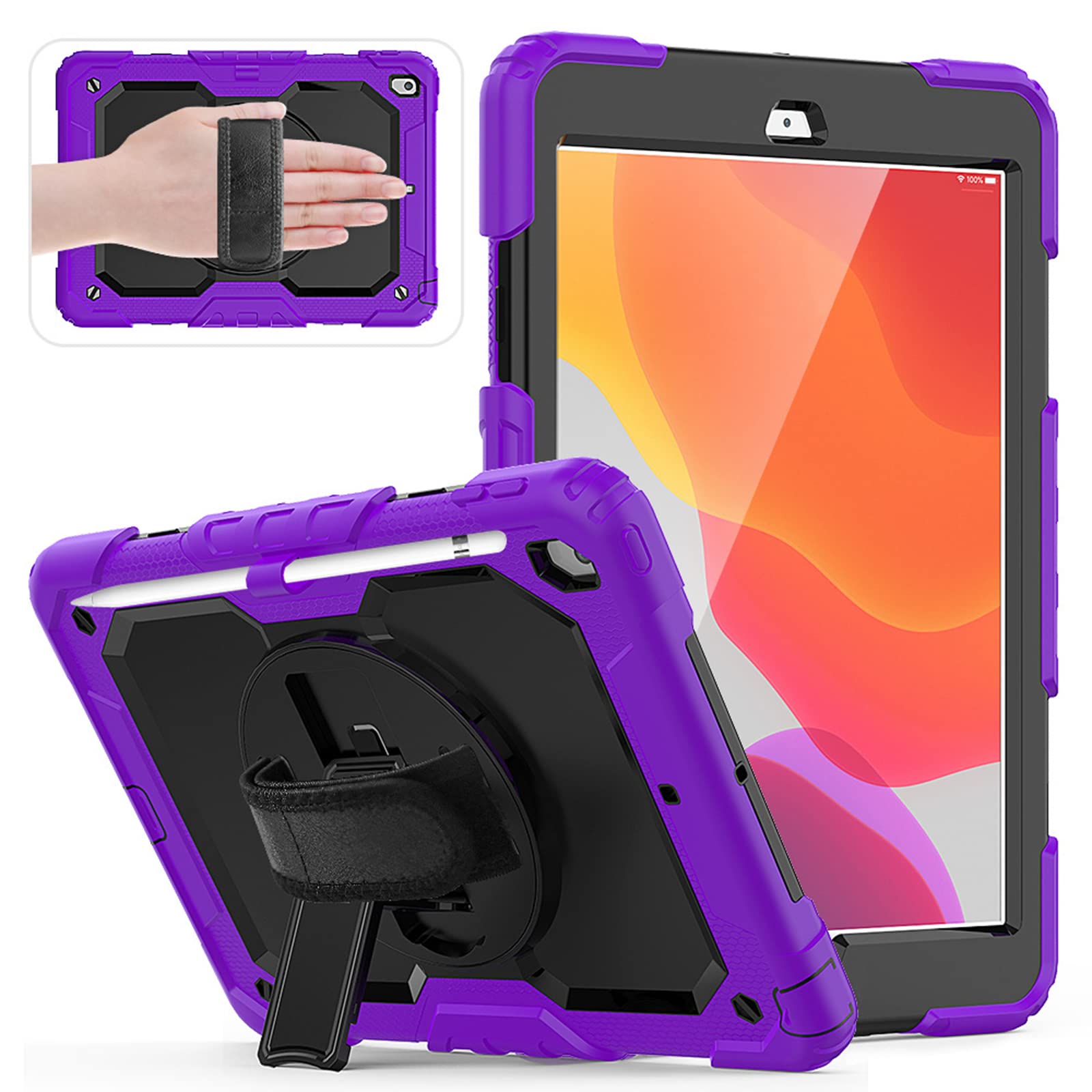 HUEZOE Case Compatible with iPad 10.2 Inch, 2021/2020/2019 Model, Full Body Shockproof Protective Cover with 360 Degree Rotating Stand Hand Strap Shoulder Strap for iPad 9/8/7 Generation, Purple
