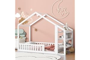 Aoowow Twin Size Floor Bed Twin House Bed Frame with Storage Shelves, Wooden Montessori Floor Bed Kids Playhouse with Fence for Boys Girls for Bedroom,Twin-White