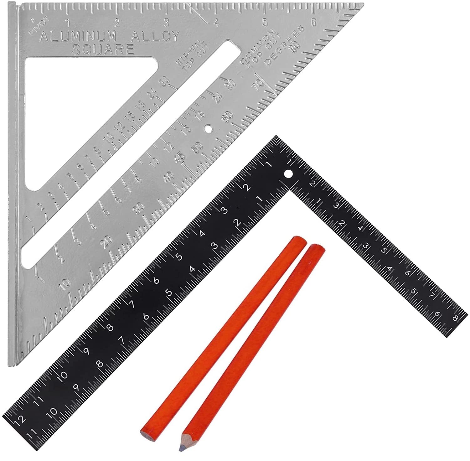 7" Aluminum Alloy Speed Square - 180 mm Roofing Square | Roofer Angle Measuring Triangle Guide | Speed Square Tool with 12" Black Metal L Shape Square | 2 Carpenter Pencils | Builder Framing Square.