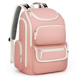 Mancro Diaper Bag Backpack, Multifunctional Baby Bag with Large Capacity and Waterproof Fabric,Diaper Backpack for Moms and Dads with 2 Side Insulated Pockets, Pink and Beige