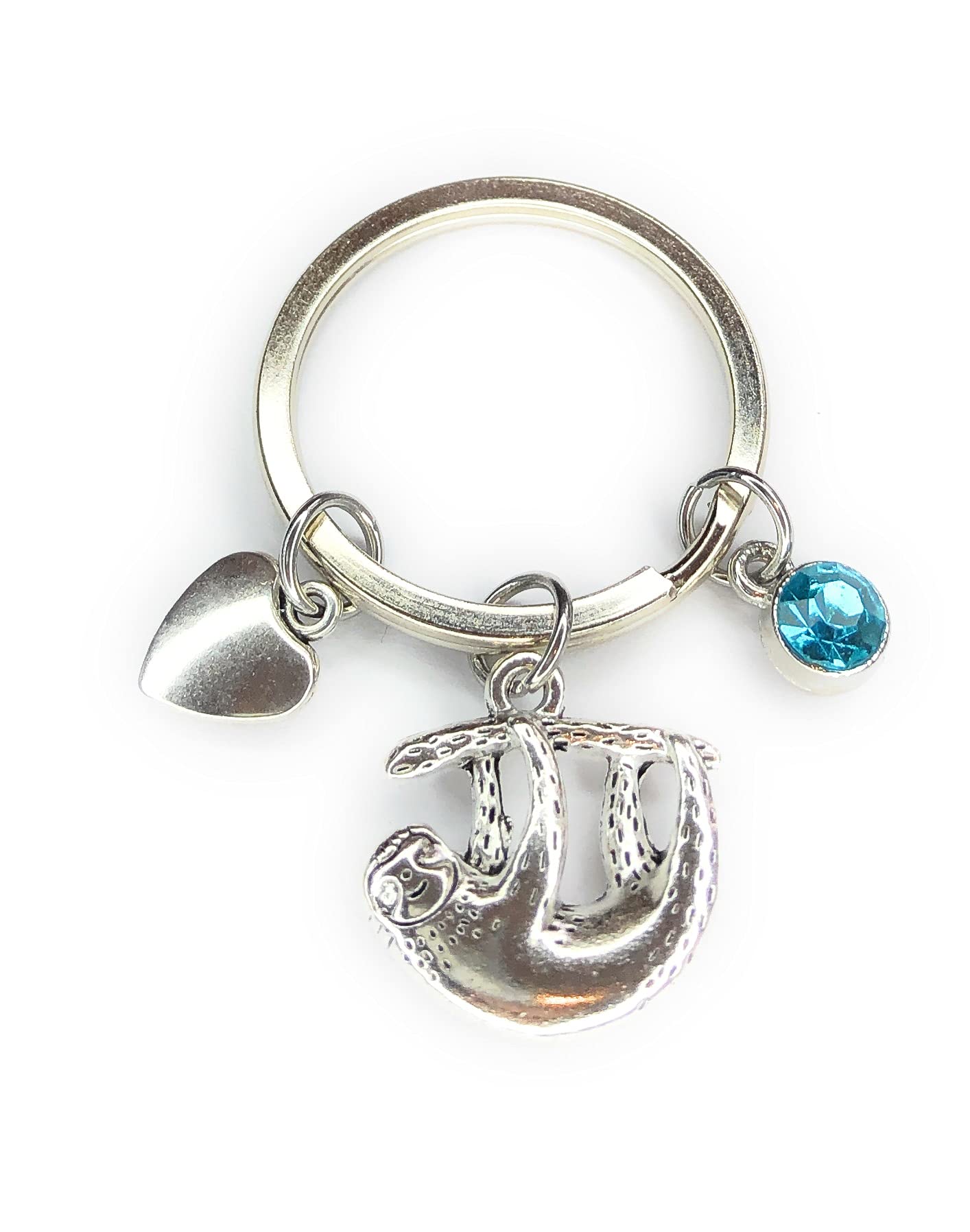 FizzyButton Gifts Sloth Keyring Key Ring with Turquoise Rhinestone and Heart Charm