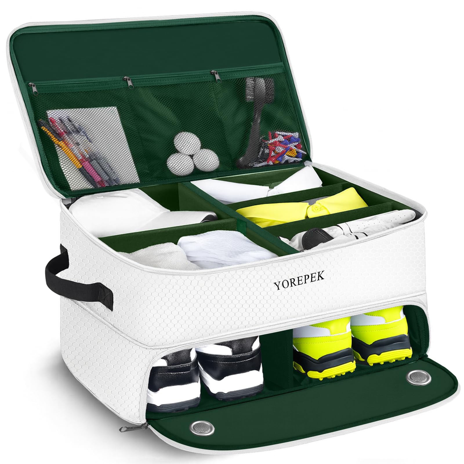 YOREPEK 2 Layer Golf Trunk Organizer with Ventilated Shoe Compart, Adjustable Dividers, Waterproof Car Trunk Storage for Golf Balls, Tees, Clothes, Men's Golfing Accessories, Gifts for Golfer, White Image