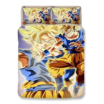 OPAR Bettwäsche 3D gedruckt Dragonball Z Goku Muster Bettbezug-Set Reißverschluss für Kinder Teens Unisex(1 Bettbezug + 2 Kis