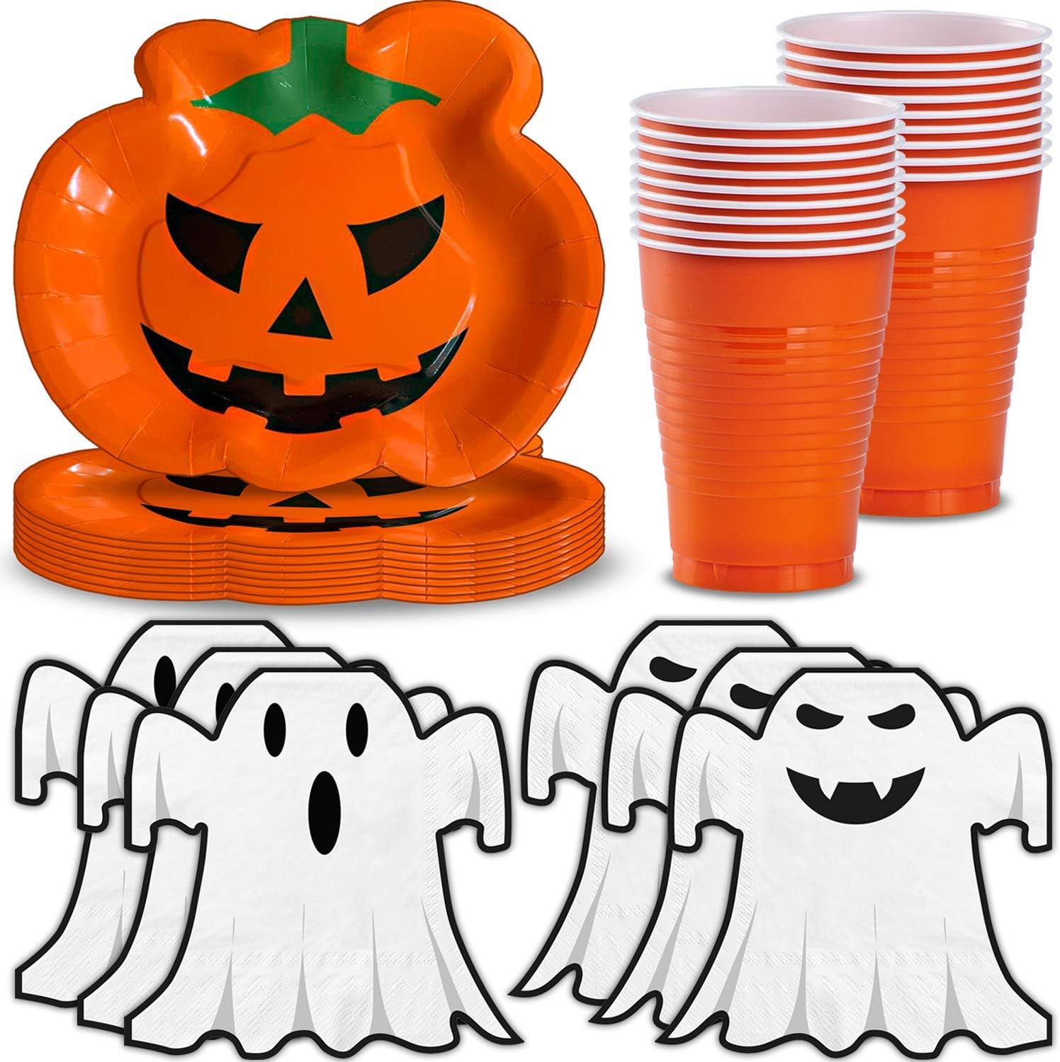 Halloween Party Supplies for 40 - Pumpkin Shaped Plates, Ghost Shaped Napkins, Orange Plastic Cups 12oz - Disposable Halloween Decorations and Tableware for Parties: Health & Personal Care