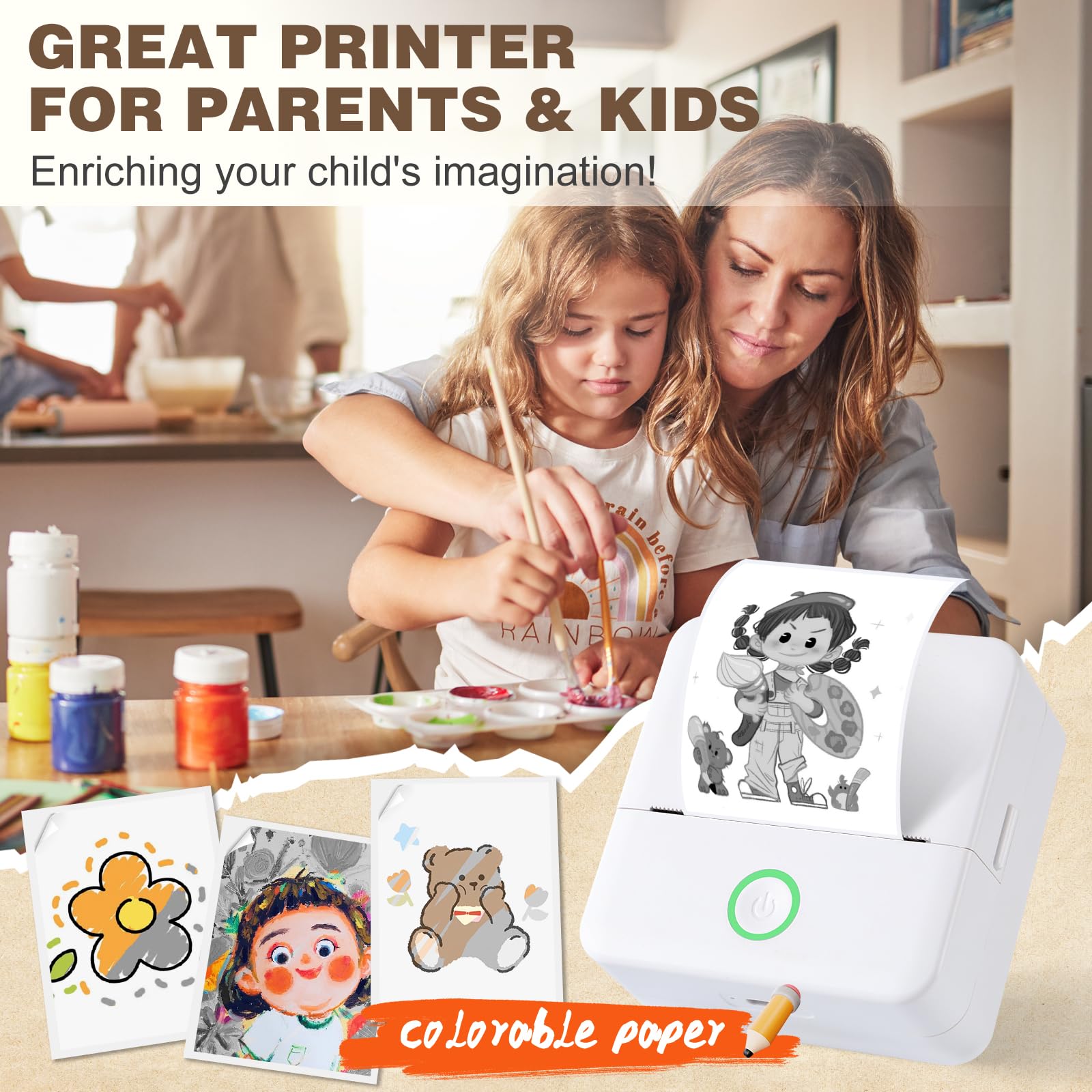 Print Pods Mini Printer, Thermal Inkless Sticker Maker with 10 Rolls Printing Paper, Pocket Printpod for phone, Impresora Portátil for Notes, Flashcards, Journal, DIY, Compatible with iOS & Android