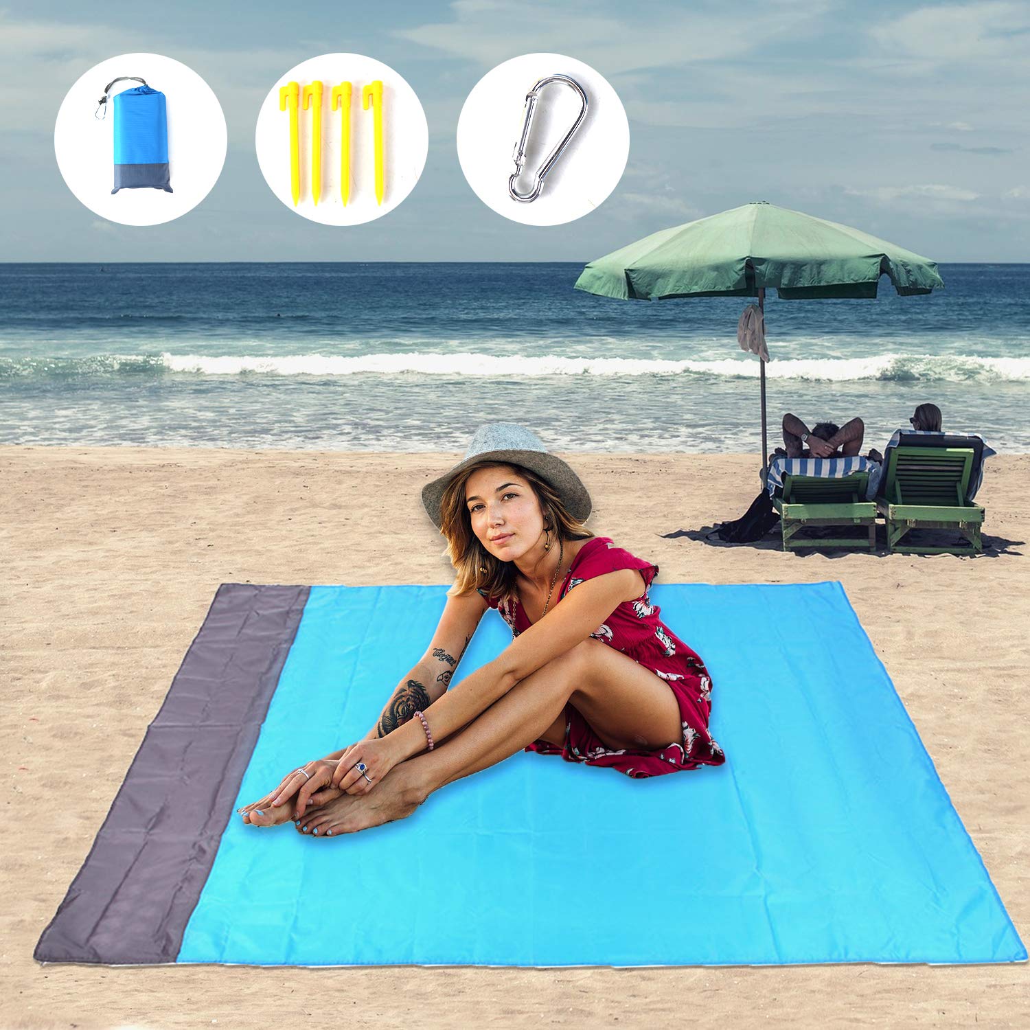 Hooggle Outdoor Beach Mat Picnic Blanket, Extra Large 210 x 200cm Waterproof Lightweight Beach Mat with 4 Stakes,Bag Quick Drying Blanket for Beach,Park,Camping, Hiking