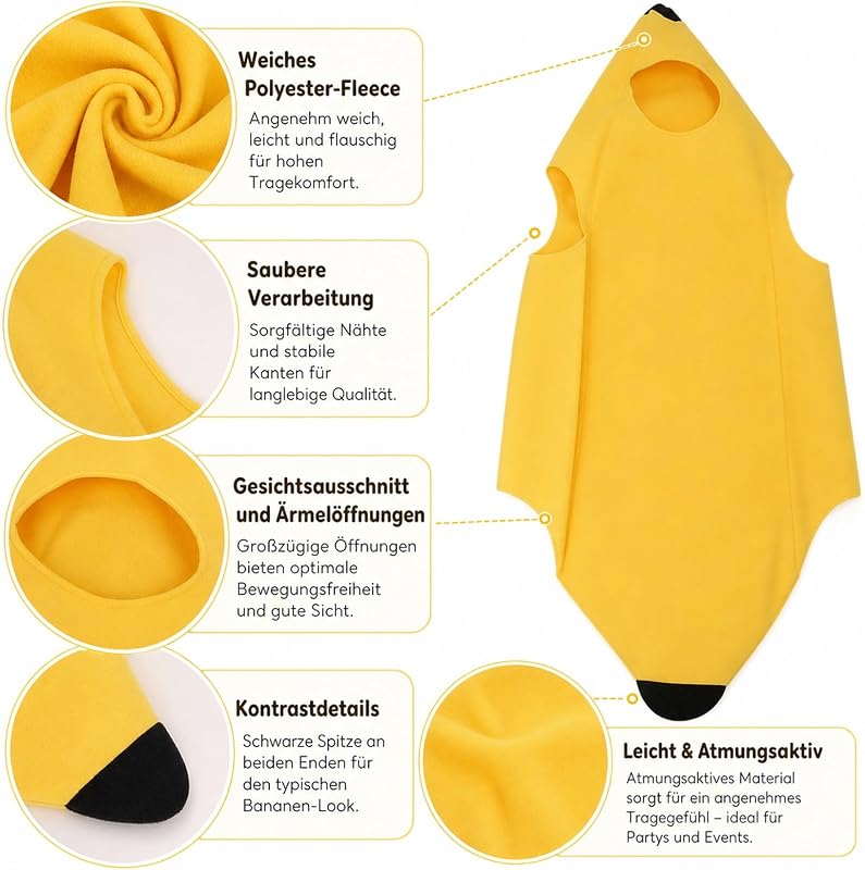 Bananen Kostüm, Bananenkostüm, Obst Kostüm, Lustiges Bananenkostüm für Erwachsene, Herren und Damen, Einteiliges Design für Karneval, Halloween, Party und Cosplay, Perfekte Geschenkidee