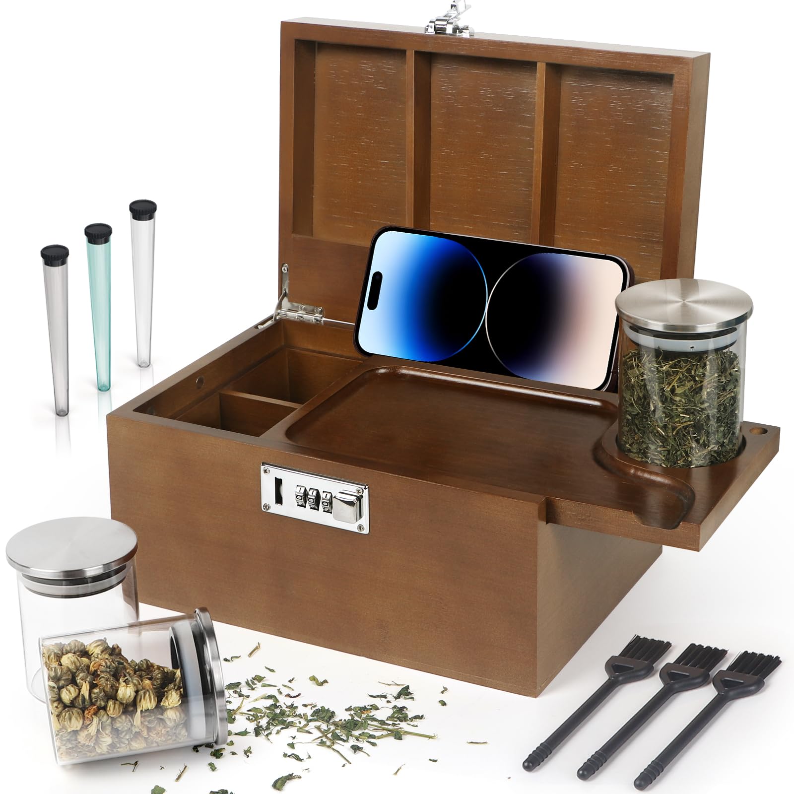 Large Brown Bamboo Box with Combination Lock, Decorative Storage Box with Removable Tray & Detachable Compartment, Wooden Box with Alright Jars & Brushes & Storage Tubes as Great Gift Choice. Image Large Brown Bamboo Box with Combination Lock, Decorative Storage Box with Removable Tray & Detachable Compartment, Wooden Box with Alright Jars & Brushes & Storage Tubes as Great Gift Choice. Image
