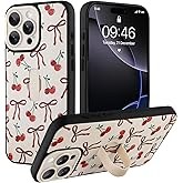 Ufbara Compatible with iPhone 16 Pro Max Case for Women Girls, Cute Cherry Bow Ribbon Bowknot Pattern, Built in Adjustable Wrist Strap Grip Hand Holder Shockproof Kickstand Cover (White)