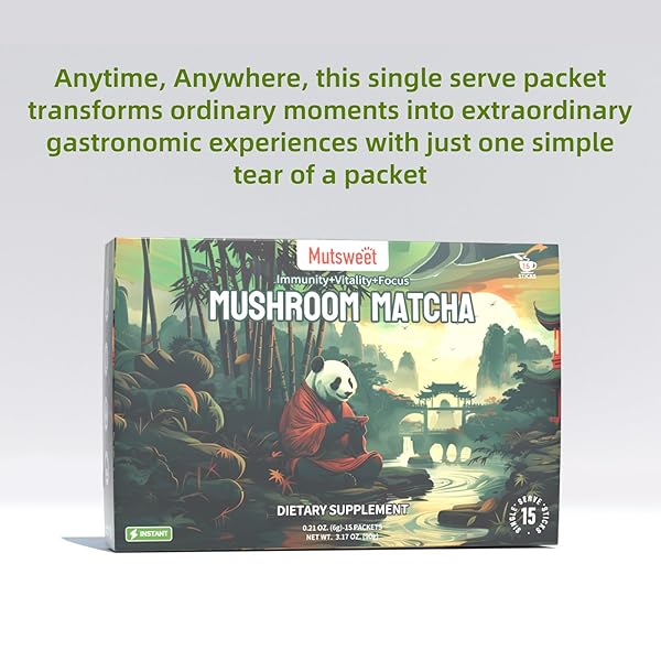 MUTSWEET MATCHA GREEN TEA POWDER WITH 10-IN-1 MUSHROOM & SKIMMED MILK POWDER, GLUTEN-FREE, NON-GMO, SWEETENED MATCHA LATTE BLEND, FOR NATURAL ENERGY, MEMORY, IMMUNE SUPPORT, PORTABLE 30 PACKETS
