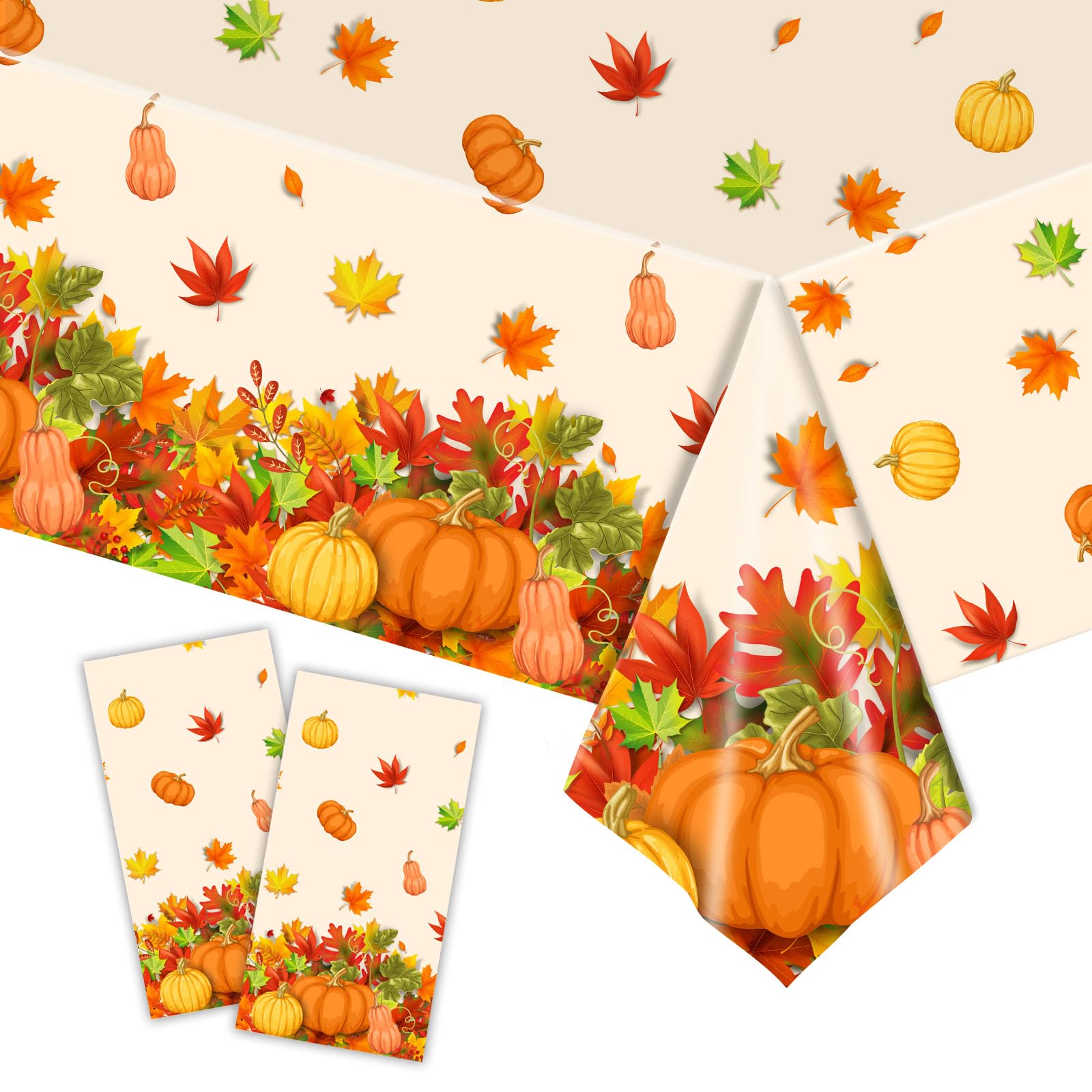POPOYU 2Pcs Autumn Pumpkins Plastic Tablecloth,54x108in Autumn Tablecloth Maple Leaves Rectangle Waterproof Table Cover for Autumn.Thanksgiving Holiday Family Dinner Thanksgiving Party Decorations — image 1