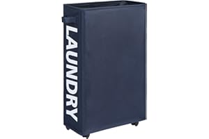 Maxsilan 25" Slim Rolling Laundry basket on Wheels, 50L Collapsible Narrow Corner Laundry Hamper, Foldable Storage Bins, Dark Blue