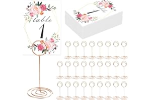 LEELOON 26 PCS Table Number Holder - Table Card Holder Stand Wire Photo Holder with 26 Pcs Floral Table Number Cards, Place Card Holder Stand for Weddings Party Office Paper Memo Menu Note Clips
