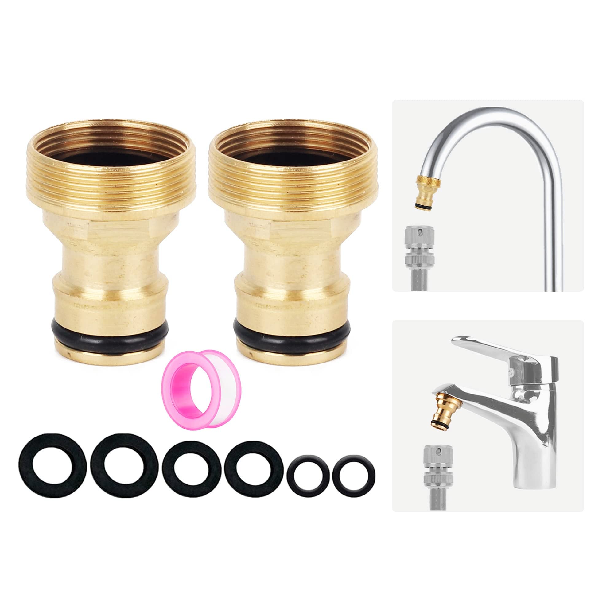 2 pack Universal Kitchen Mixer Tap Hose Connector, Brass Kitchen Sink Mixer Tap Connector Fitting, Garden Hose Pipe Tap Connector Adapter for Kitchen Sink Tap, Bathroom Tap, 22mm & 24mm Threaded Tap