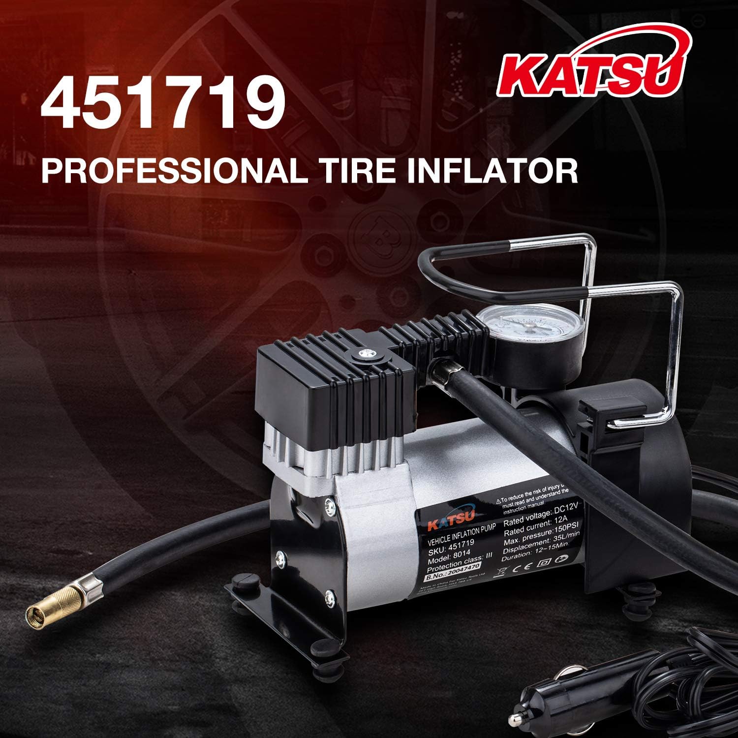 KATSU Car Tyre Inflator 12V DC 14A 140PSI High Volume Air Compressor Tyre Pump for Cars SUVs, 4x4's + 3 Extra Nozzle Adapters - Image 3