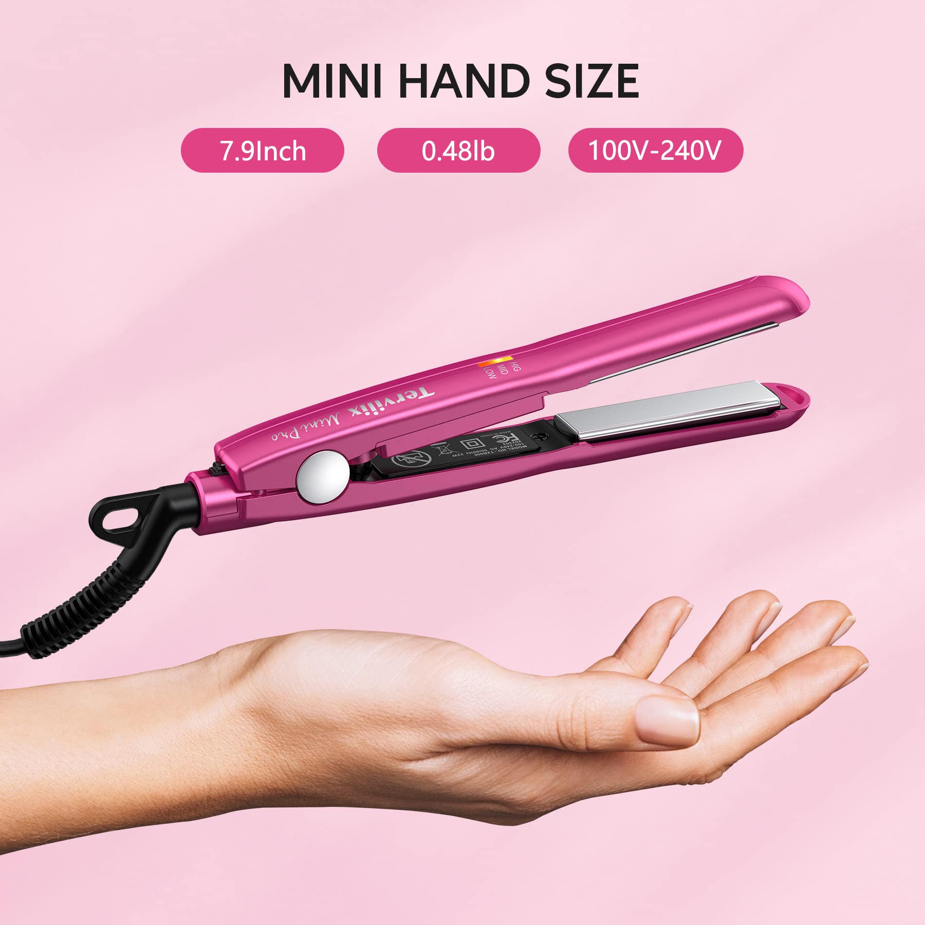 Terviiix Mini Flat Iron Adjustable Temperature, Travel-Size Mini Hair Straightener, Small Flat Irons for Short Hair/Curls Bangs, Ceramic Portable Tiny Hair Curler, Dual Voltage, Auto-Off, Pink, 1/2''