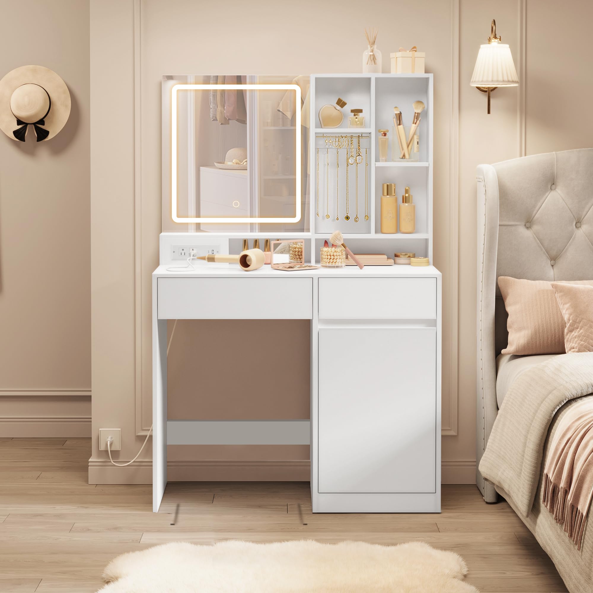 VASAGLE Kailyn Collection - 35.4-Inch Wide Vanity Desk with Mirror and Lights, Power Outlets, Vanity Table with Jewelry Storage, Adjustable Shelves, for Bedroom, Cloud White URDT132WB03S Image