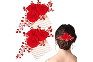 GEOGEODIY 2 PCS Floral Rhinestone Hair Combs - Red Rose Gold Pearl Accents, Sparkly Bridal Side Hair Pieces for Wedding