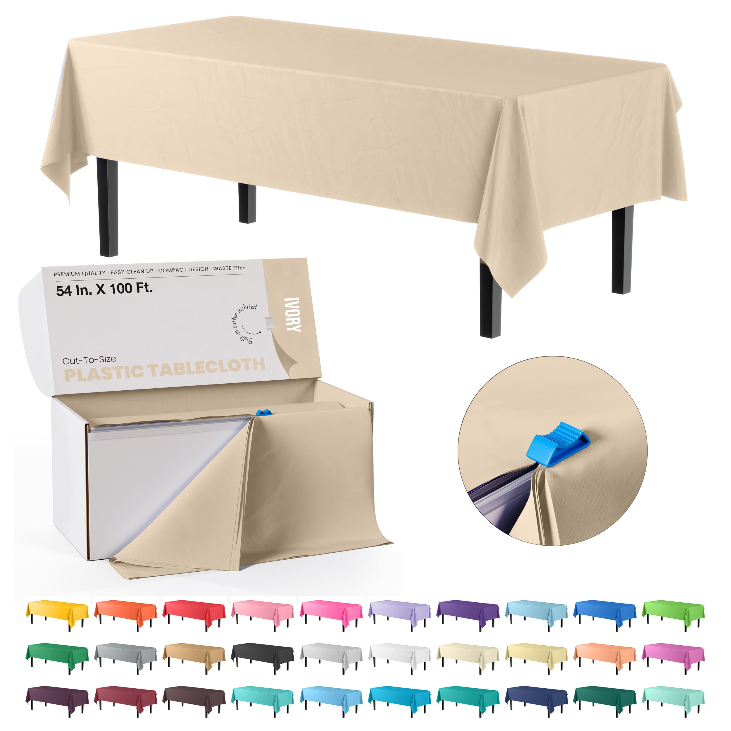 Photo 1 of Exquisite Party Solids 54 Inch X 100 Feet Ivory Plastic Table Cover Roll in A Cut - to - Size Box with Convenient Slide Cutter. Cuts Up to 12 Rectangle 8 Feet Plastic Disposable Tablecloths