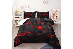 Nttopship Geometric Red Black Comforter Set,Light Honeycomb 3 Piece Bedding Set Full for Boys,Modern Bedding Set Microfiber Lightweight 1 Comforter 2 Pillowcases