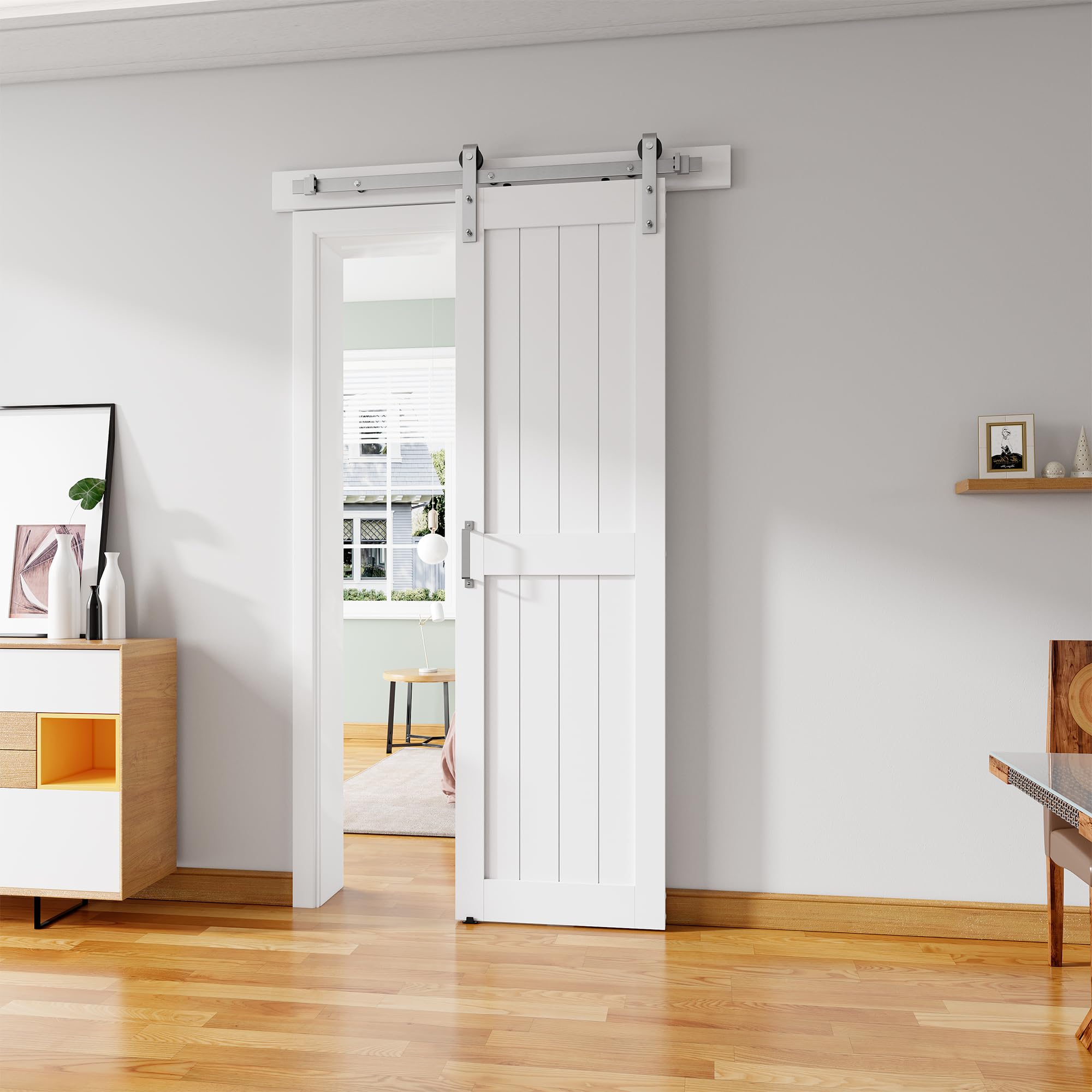 ALAMEDADT 24''x84'' Sliding Barn Door with 5 Ft Brushed Nickel Hardware Kit& Handle& Floor Guides,Pre-Drilled Holes Easy Assembly - Include Installation Manual, Water-Proof PVC Surface, H-Frame Image