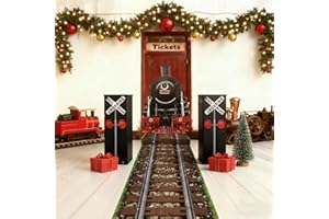 Teenyyou 3 Pcs Christmas Express Train Party Decorations 24 Inch x 20 ft Plastic Railroad Track Aisle Runner 17'' Traffic Crossing Sign Boxes for Wild West Western Winter Home Floor Decor(Classic)