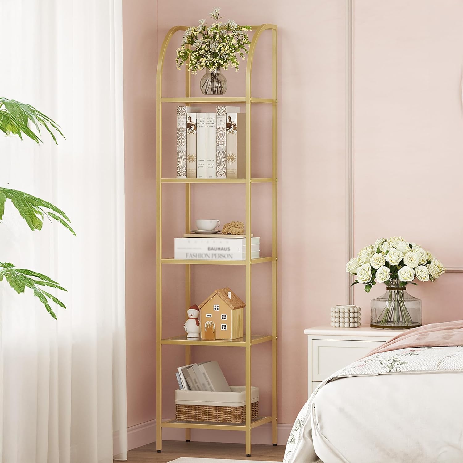 Hzuaneri Bookcase Bookshelf, Tempered Glass Arched Bookshelf for More Storage, Slim Shelving Unit for Bedroom, Bathroom, Home Office, Steel Frame, 5 Tier Gold BC20599G