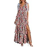 Wenrine Womens Summer Floral Maxi Dress Tie Strap Sleeveless V Neck High Slit Boho Ruffle Tiered Beach Dresses