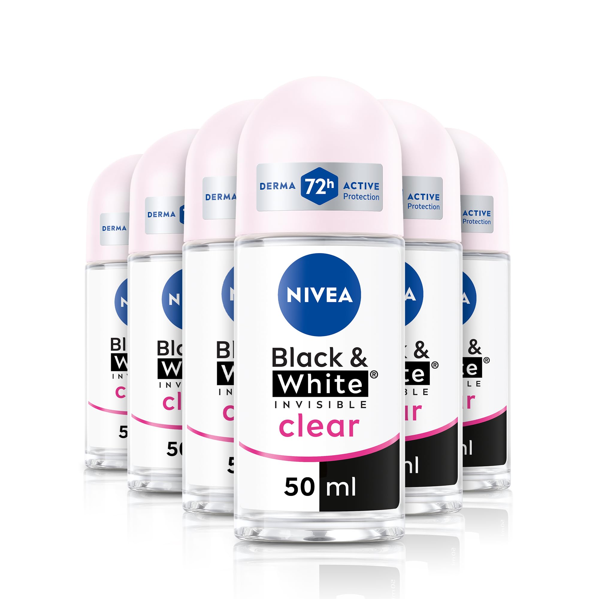 NIVEA Black & White Invisible 72h Anti-Perspirant Roll On Deodorant (50ml, Pack of 6), Strong Anti-Sweat and Odour Protection Deodorant for Women, No Stains or Marks on Black and White Clothes