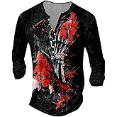 ZOCAVIA Men's Distressed Henley Shirts Retro Long Sleeve Button V Neck Pullover Tops Fall Cross Skull Graphic Washed T-Shirts