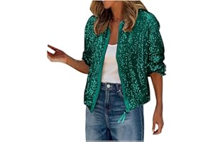 Women's Sequin Jackets Long Sleeve Crew Neck Zip Glitter Blazer Cocktail Party Club Sparkly Bomber Jacket