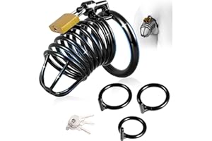 Cock Cage Male Chastity Devices Locked Cage Sex Toy, Large Metal Chastity Cage with 3 Rings of Different Sizes & 3 Unlocking 