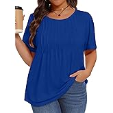 Plus Size Tops for Women Pleated Summer Top Trendy Short Sleeve Shirts Casual Basic Tee Crew Neck Blouses